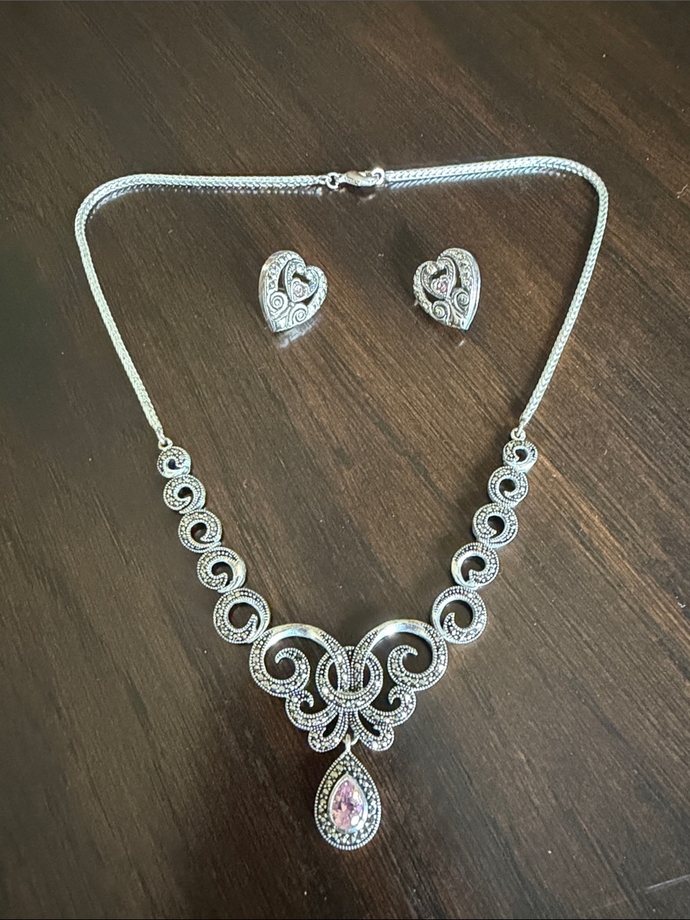 Avon Silver-Tone Filigree Necklace with Pink Teardrop Pendant and Heart Studs